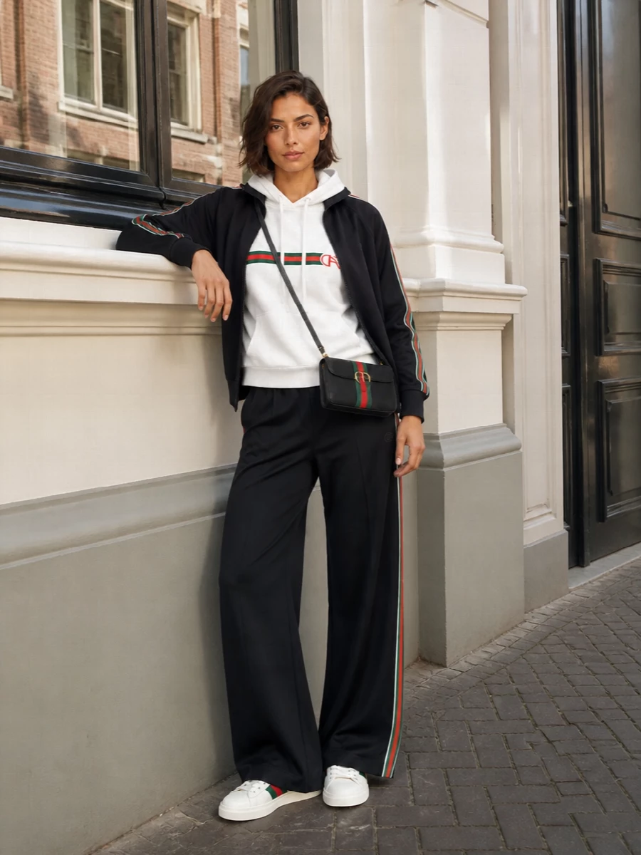 Gucci womens track jacket wide leg pants outfit