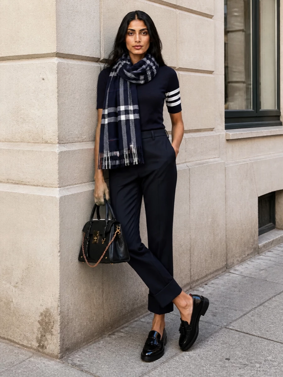 Thom browne navy knit cropped trousers outfit