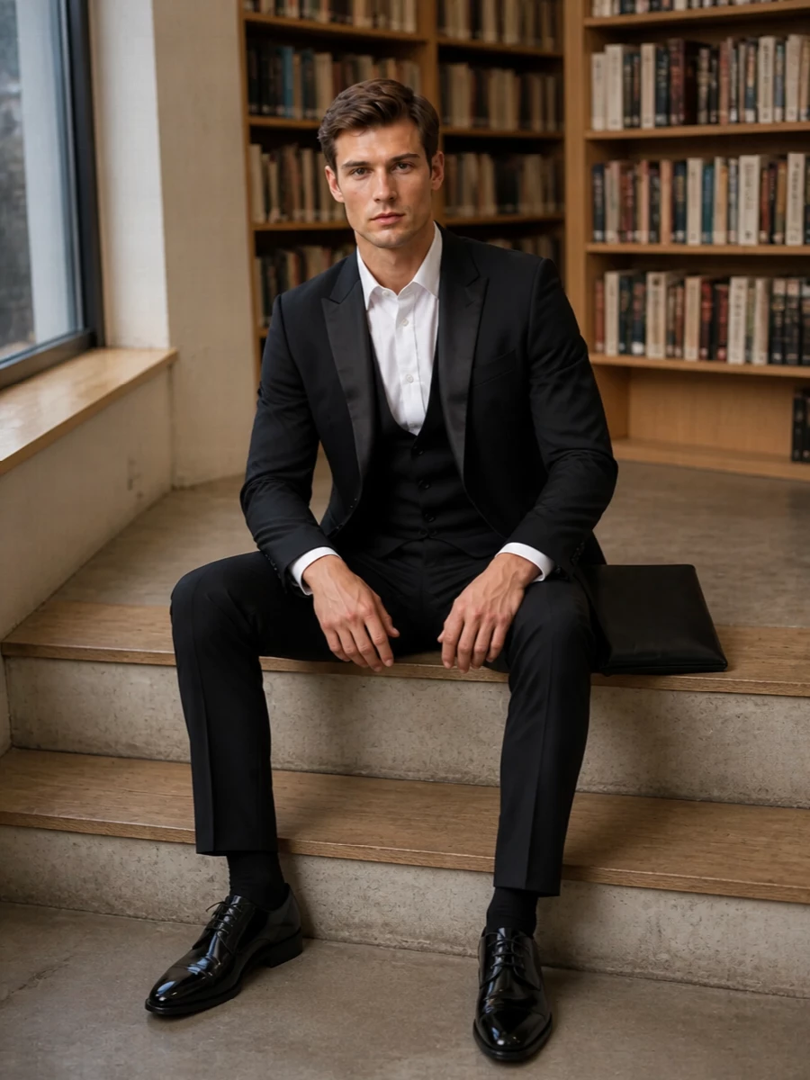 Dolce gabbana black three piece suit patent shoes