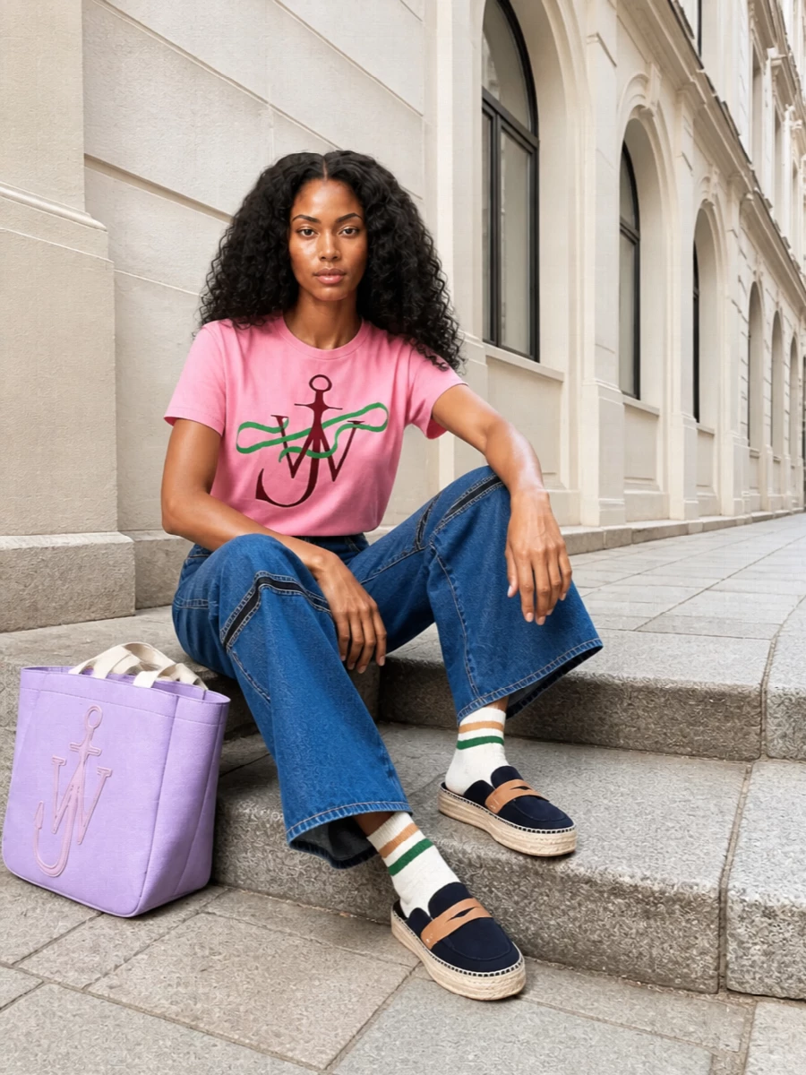 Jw anderson pink tee wide leg jeans outfit