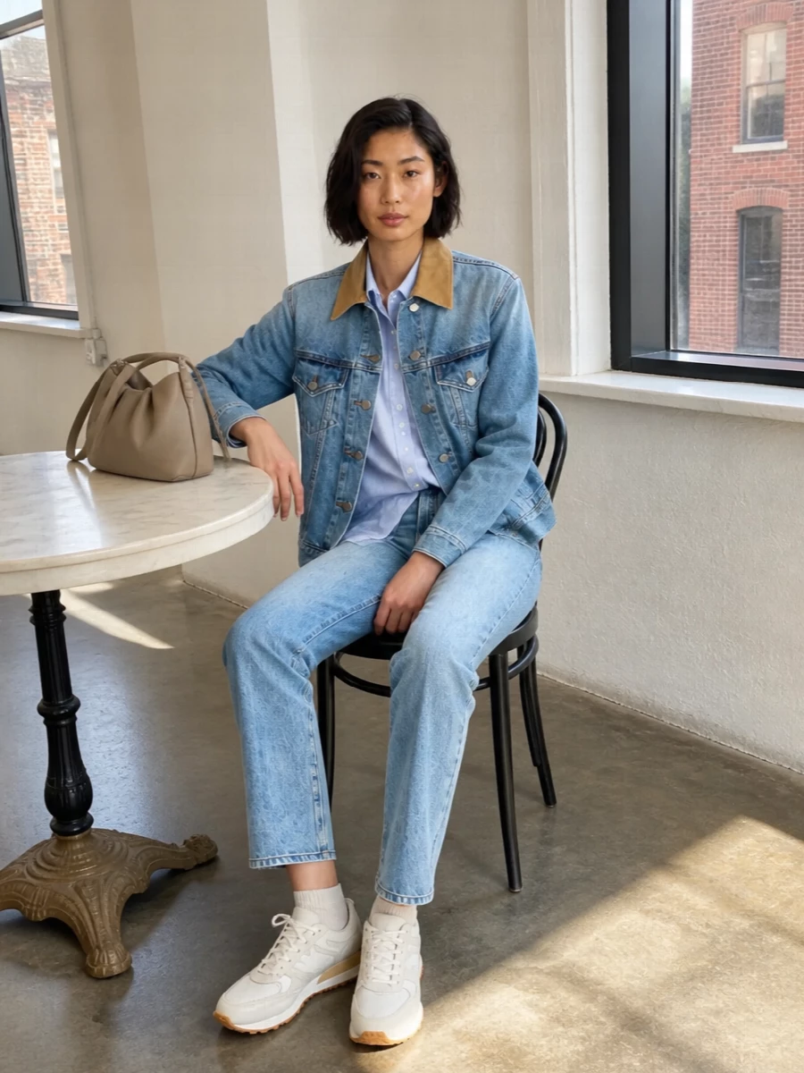 Rohe denim jacket light jeans sneakers outfit