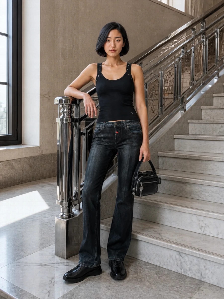 This is a hard-edged, after-dark denim outfit built around strict black and washed-black tones so the Acne Studios mini shoulder bag feels intentional, not an add-on. The fitted Attico tank and straight, coated jeans create a clean, elongated line with metal hardware running through top, bag and waistband for cohesion. I chose the top and bottom route instead of a dress to keep the look firmly in a streetwear space, with separates that match the bag’s utility energy and work from late afternoon into night.