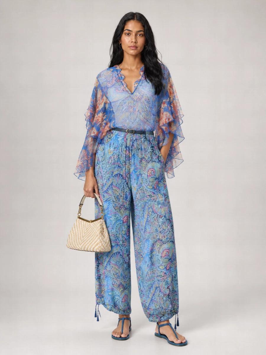 Etro Silk Floral-Print Ruffled V-Neck Long-Sleeve Blouse