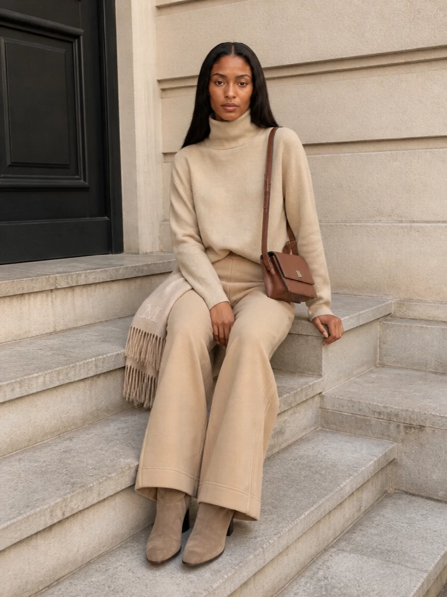 Max mara camel turtleneck wide leg trousers outfit