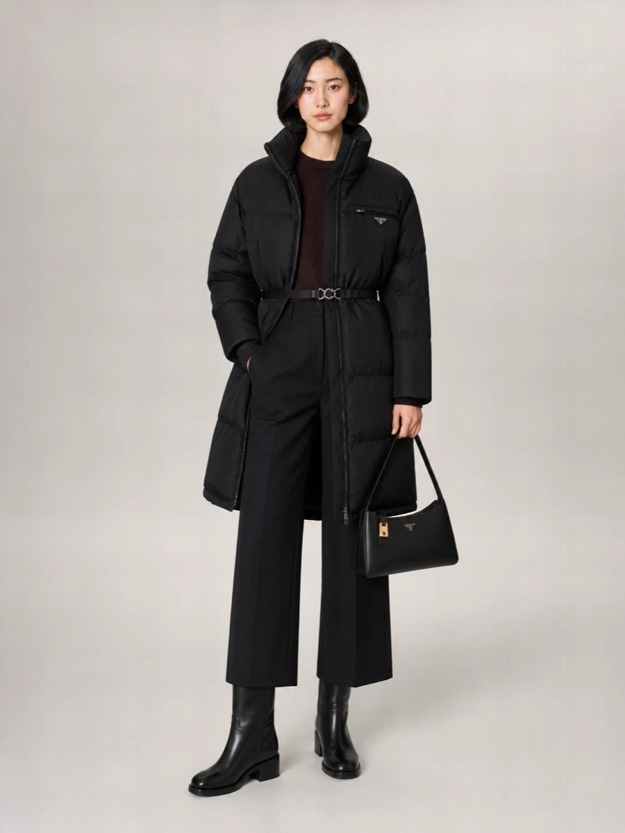 Prada Down Jacket With High Collar And Belt
