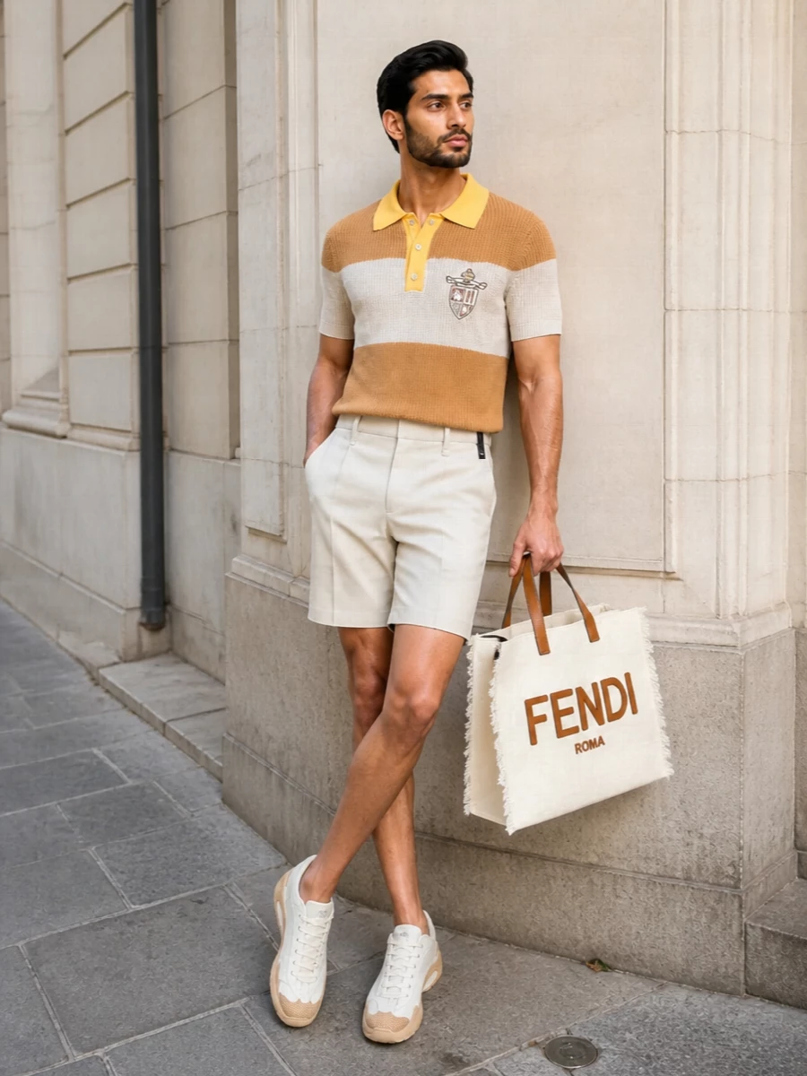 Fendi striped knit polo tailored shorts outfit