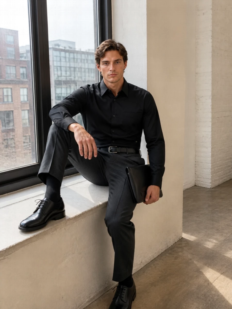 A pure black shirt meets charcoal tailored trousers for a monochrome combination that feels sharp yet understated. Polished Derbies and a slim Bottega belt keep the line clean, while a discreet clutch handles the after-dark practicalities without drawing attention. The result is precise Italian tailoring that moves easily from office to late dinner with quiet confidence.