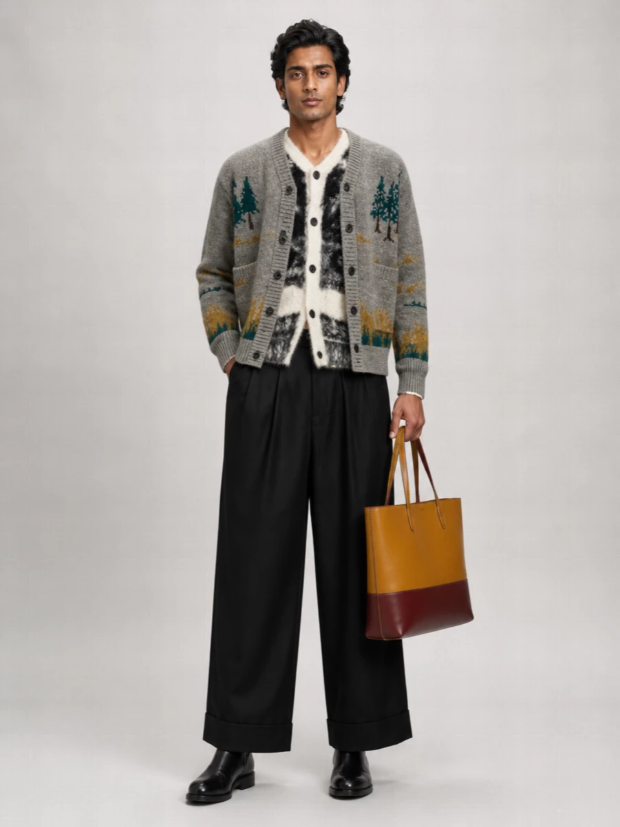 Junya Watanabe Wool Intarsia V-Neck Cardigan