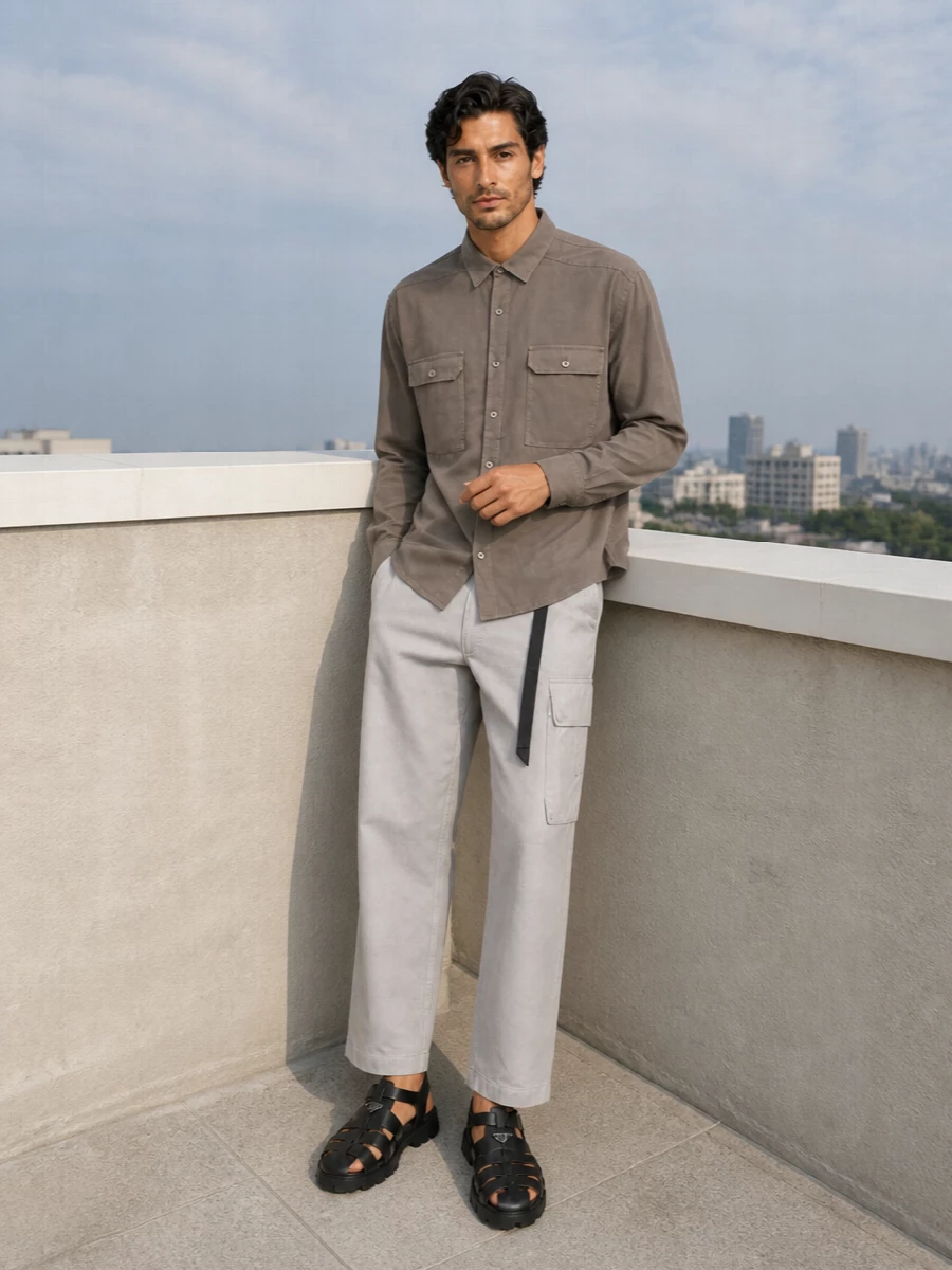Prada’s fisherman sandals sit under a washed taupe Rick Owens shirt and stone Fendi cargos for a clean, utilitarian summer uniform. The mix of muted neutrals and sharp hardware keeps it graphic yet low-key, ideal for city days that lean into streetwear without feeling overstyled.