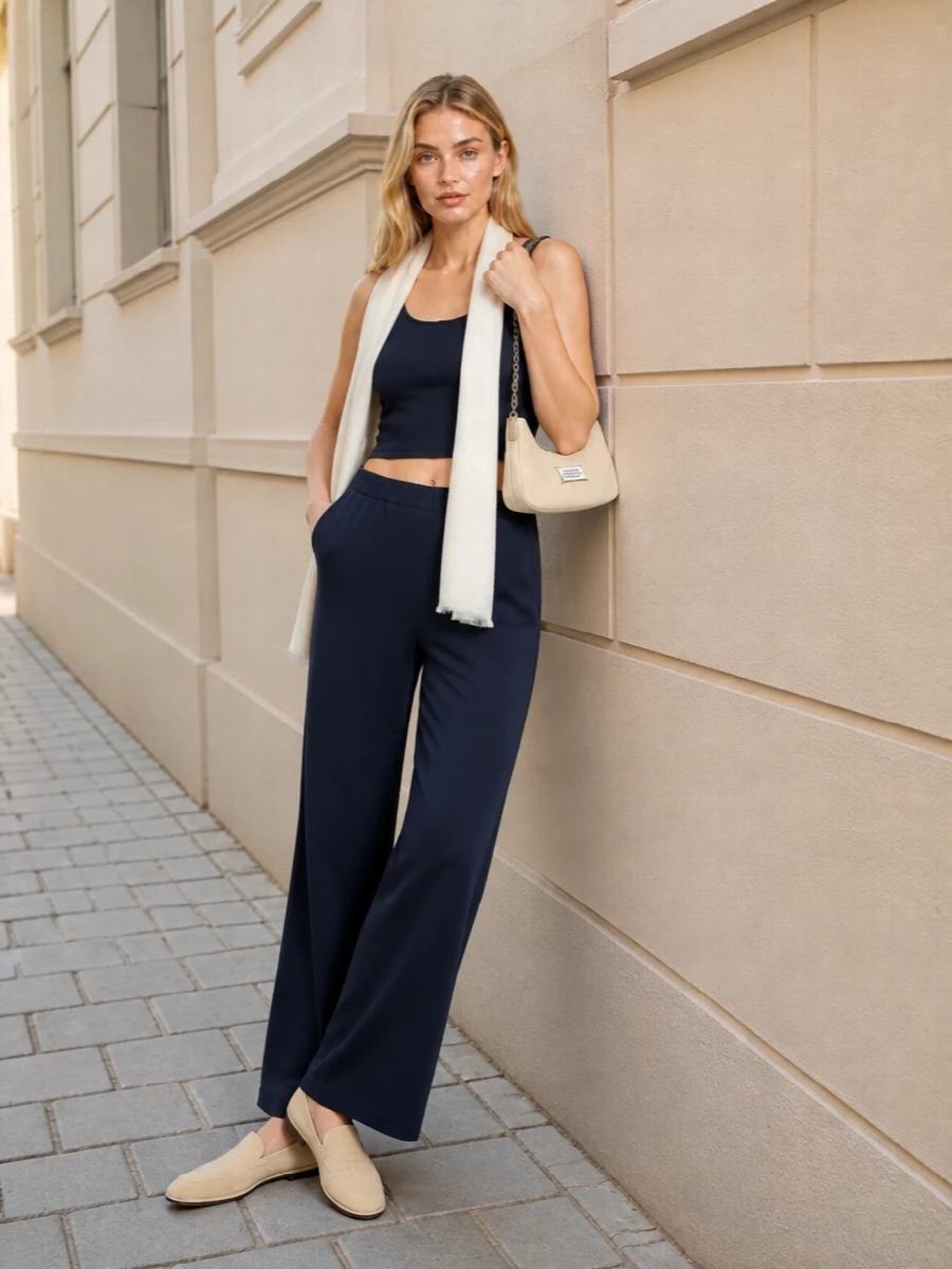 S max mara navy loungewear outfit beige accessories