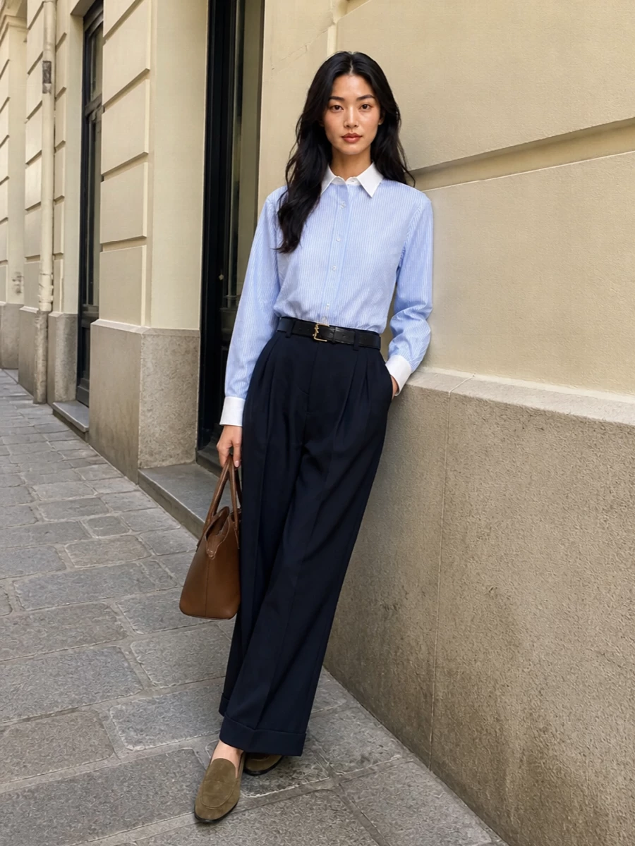 The row navy wide leg trousers striped shirt