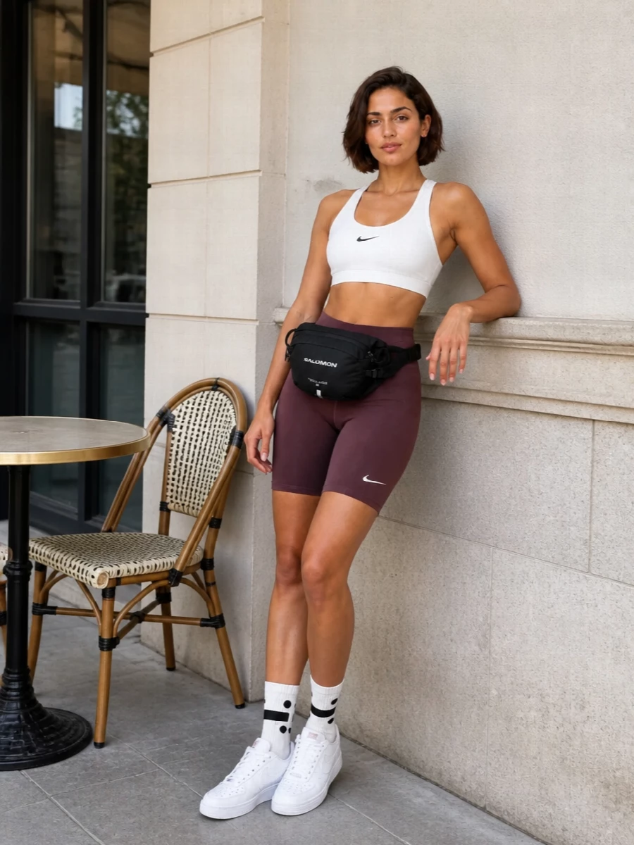 Soft white and deep plum play off each other here, giving a lean, supportive set that feels as considered for studio sessions as for city errands. Clean white sneakers and off-white socks keep the lines sharp and graphic, while the compact belt bag sits close to the waist so the high-rise proportions stay uninterrupted. The result is a streamlined, sport-first outfit that feels calm, modern and ready to move.