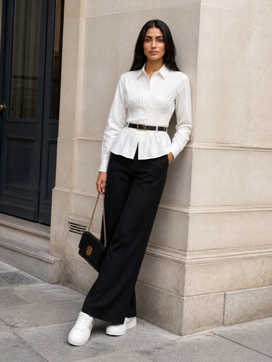 Moncler’s high-waisted wide-leg trouser is elevated with Prada’s smocked-waist ivory shirt for a sharp yet softly sculpted monochrome look that feels boardroom-ready but modern. Clean white Moncler sneakers relax the tailoring just enough, while a black Chloé shoulder bag and a slim Prada belt echo the gold hardware and keep the silhouette long, precise and quietly luxurious for FW city dressing.