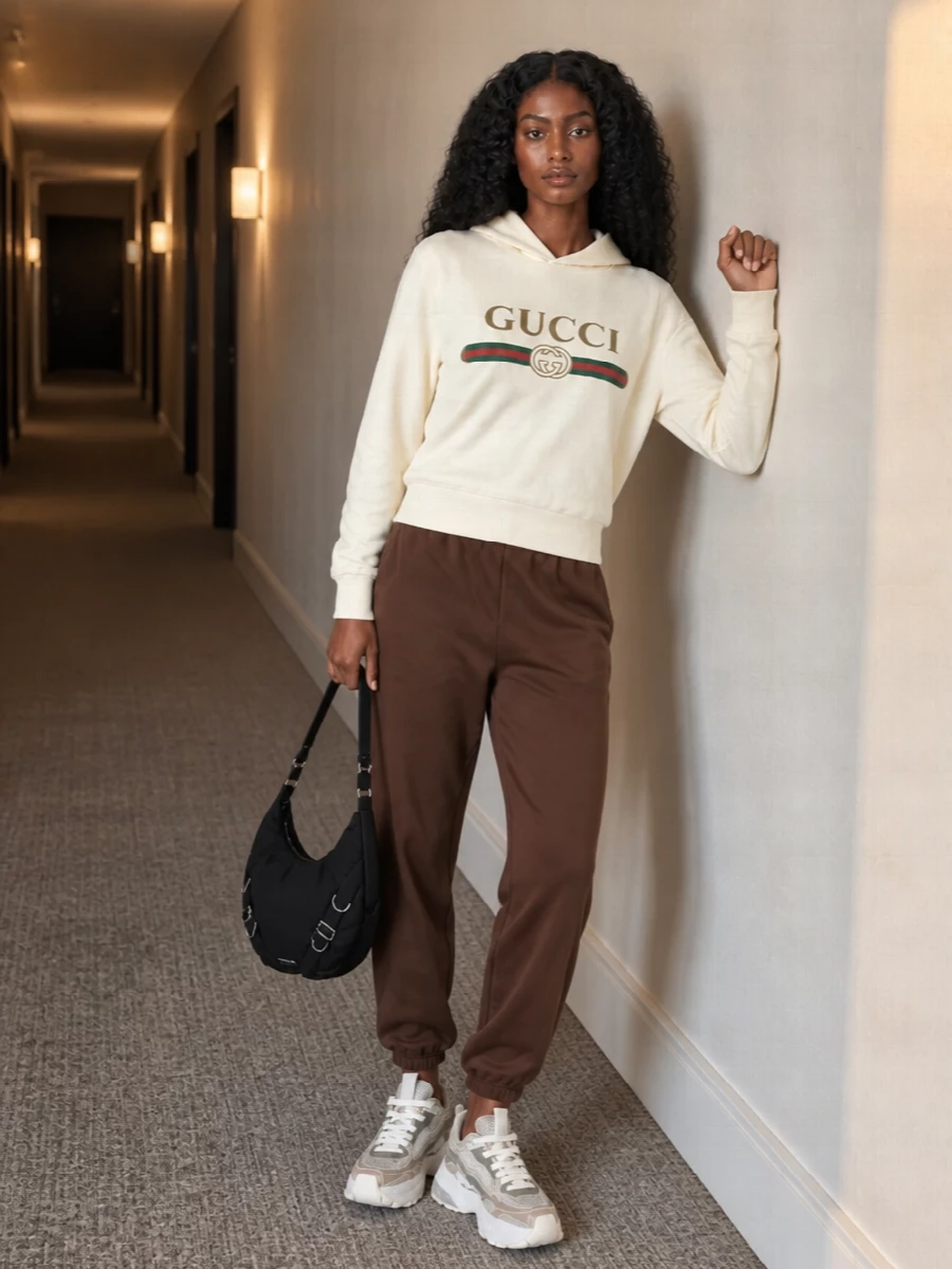 Gucci’s butter-cream hoodie sits against deep chocolate joggers for a soft but graphic play of neutrals that lets the iconic stripe pop. Chunky neutral sneakers keep the proportions grounded and sporty, while the black nylon hobo sharpens the palette and adds just enough city attitude. It is an easy, high-low street mix that feels considered without losing that off-duty comfort.