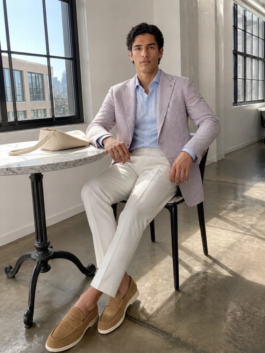 Tagliatore pink blazer ivory trousers outfit