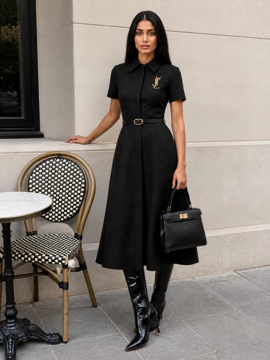 Fendi black shirtdress knee boots top handle bag