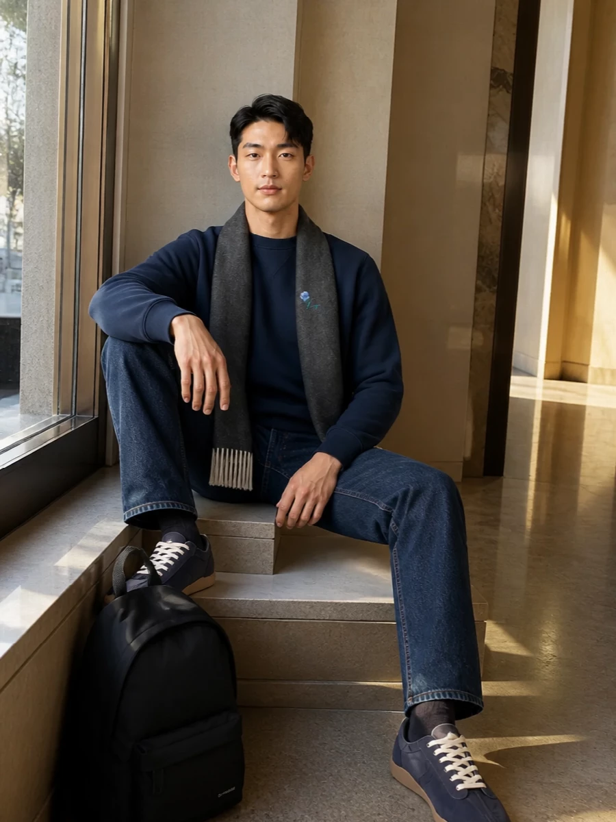 Kenzo navy sweatshirt dark indigo jeans outfit