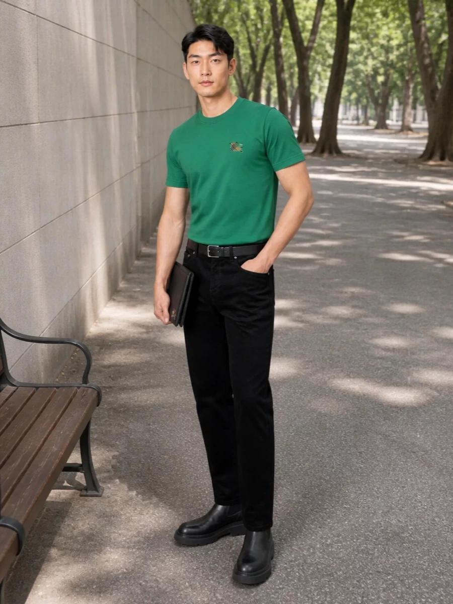 Burberry green tee black trousers chelsea boots