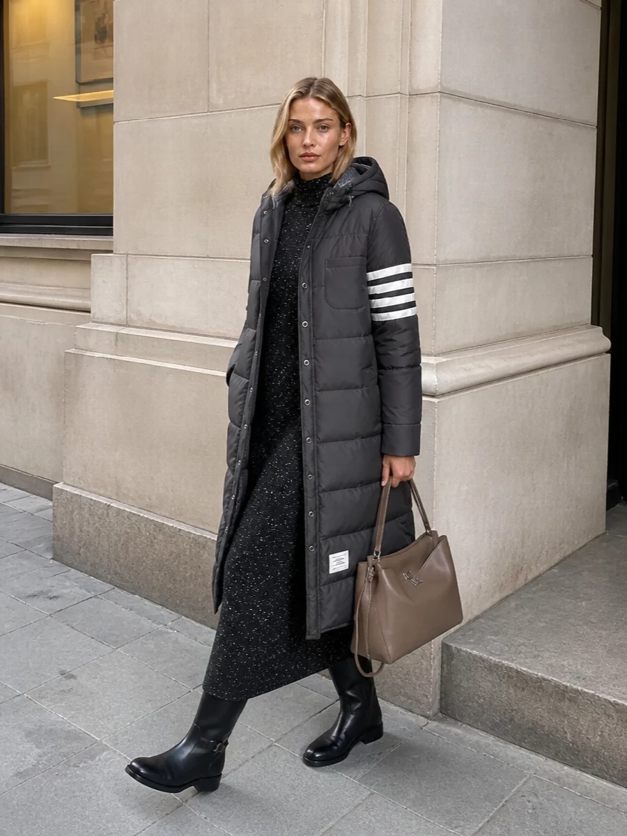 This look leans into a monochrome, quiet-luxury winter column: the Thom Browne longline puffer cocooning The Row’s speckled charcoal knit maxi creates a sleek, elongated silhouette that feels city-ready and deeply warm. Black Burberry riding boots ground everything with equestrian polish, while the taupe Balenciaga shoulder bag introduces a soft neutral accent that subtly picks up the coat’s lining and keeps the ensemble elevated yet understated for travel or long city days.
