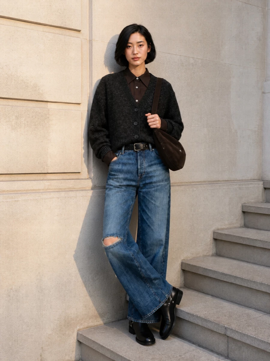 Our legacy wide leg jeans biker boots outfit