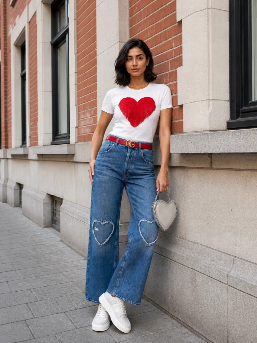 Dsquared2 heart tee moschino wide leg jeans outfit