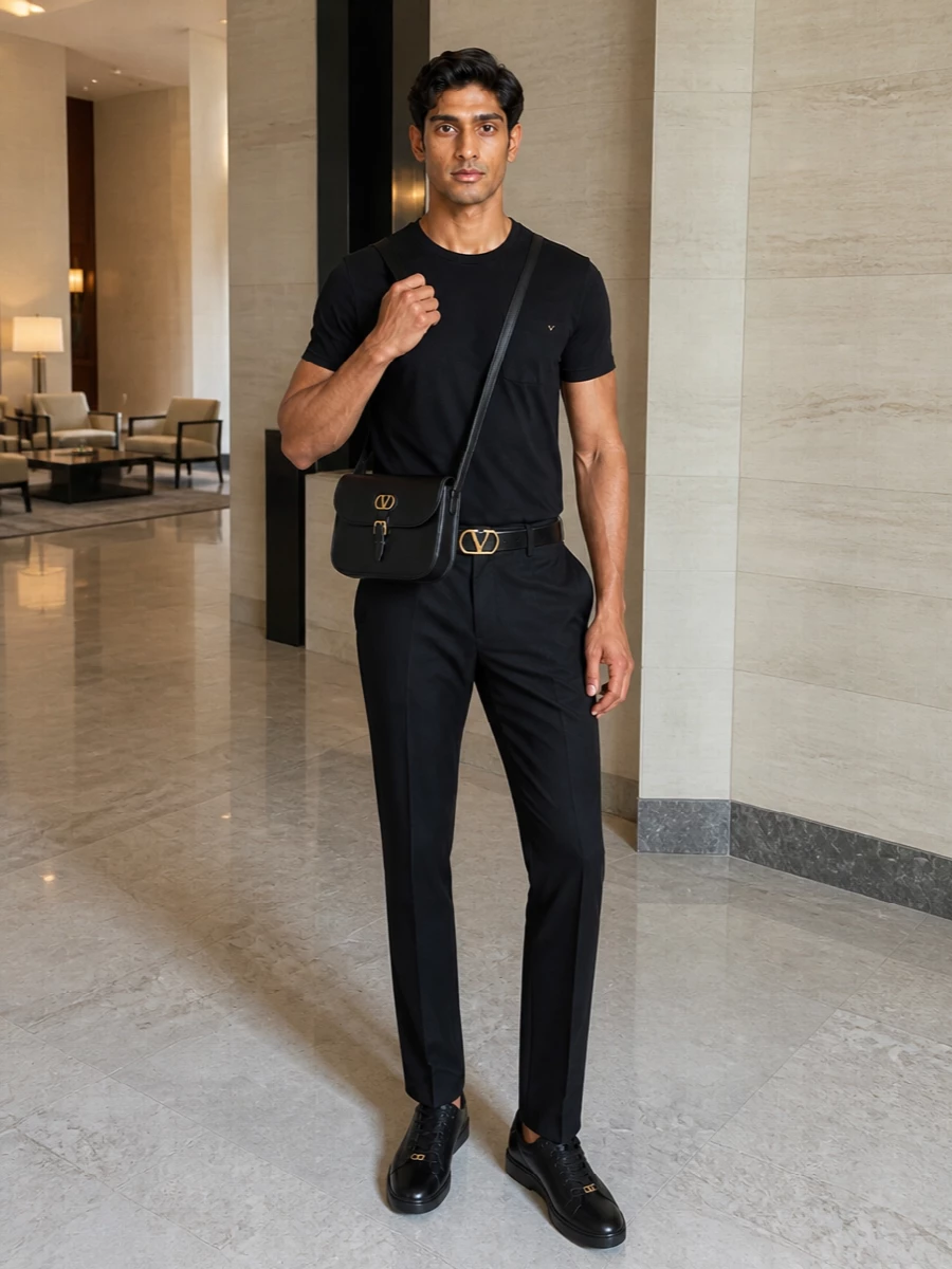 Valentino black tee tailored trousers sneakers