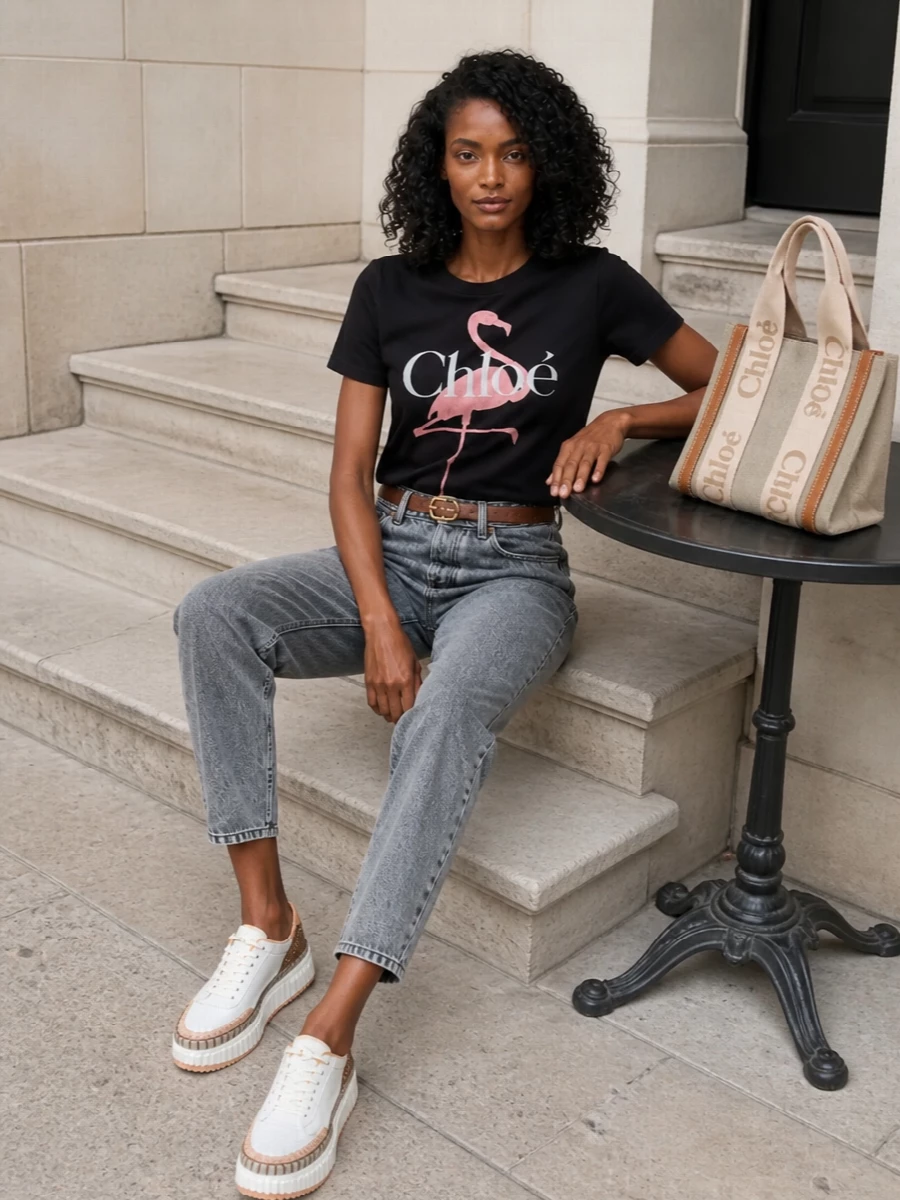 Chloe flamingo tee grey jeans sneakers