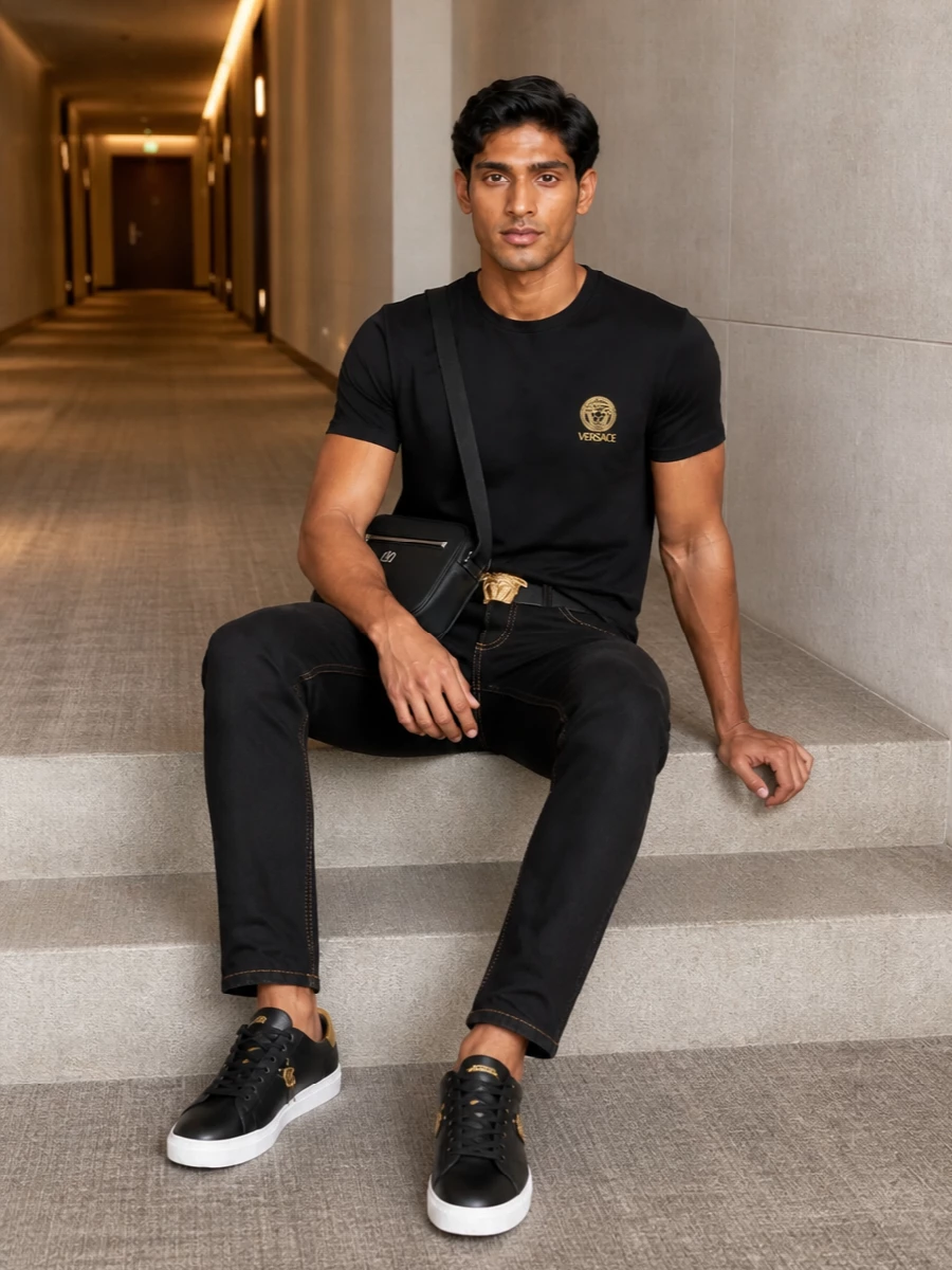 Versace black gold mens outfit slim jeans