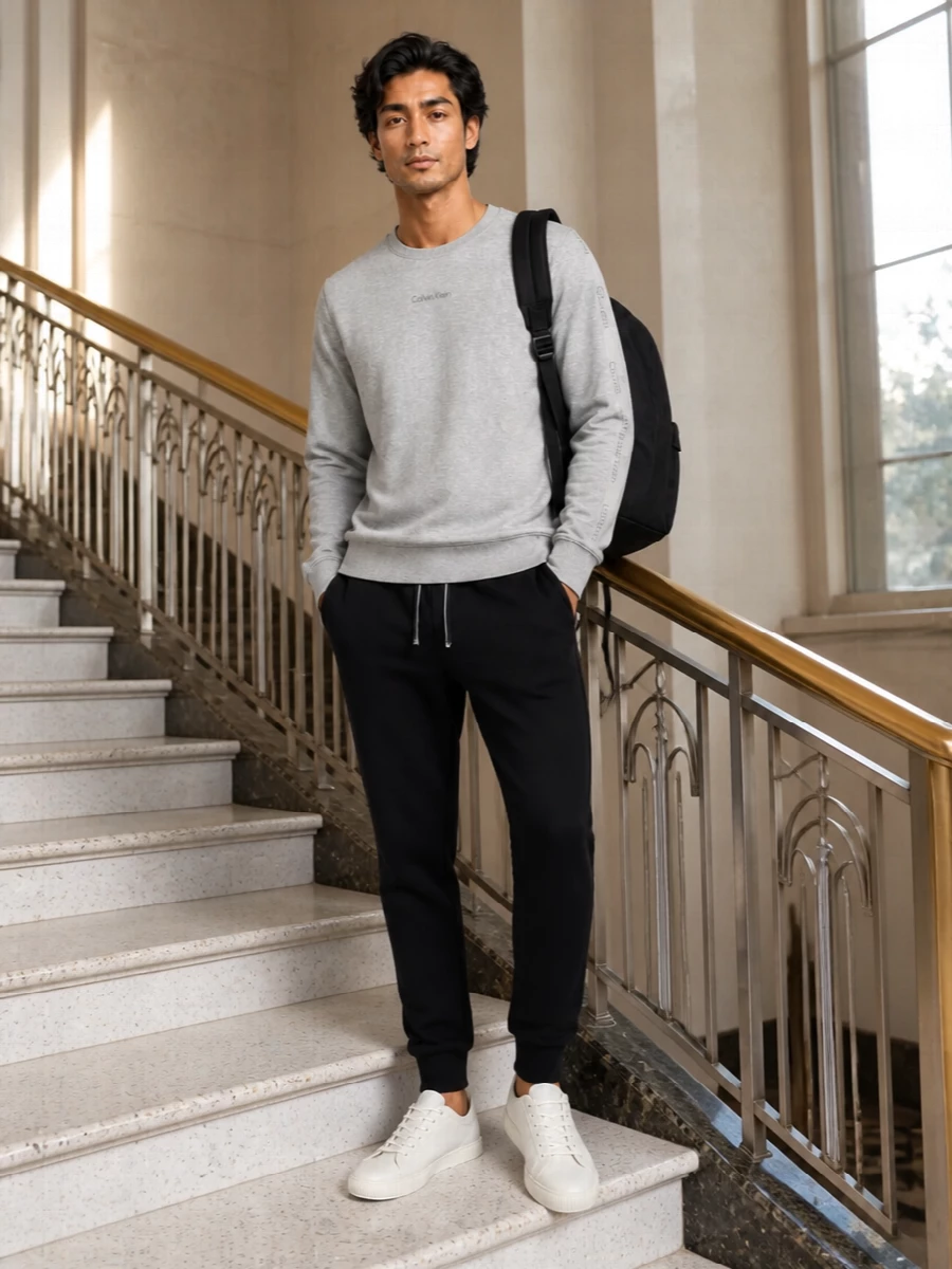 Calvin klein grey sweatshirt black joggers outfit
