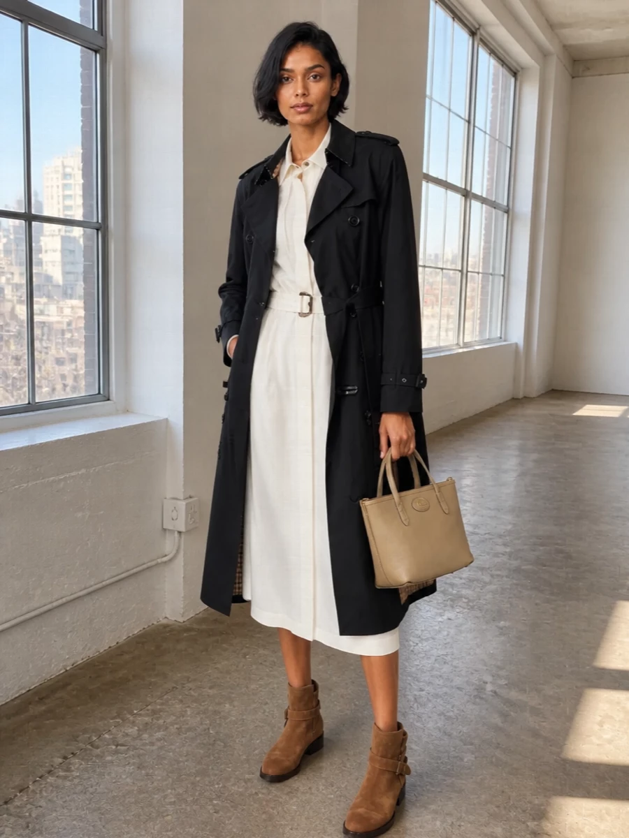 I’m taking the dress route here so the black trench can frame one long, uninterrupted line instead of fighting a separate shirt and trouser break. The ivory midi shirt dress, suede ankle boots and taupe top-handle keep everything in the Burberry tailored universe, but soften the coat’s sharpness into something quietly powerful for city days and low-key dinners alike.
