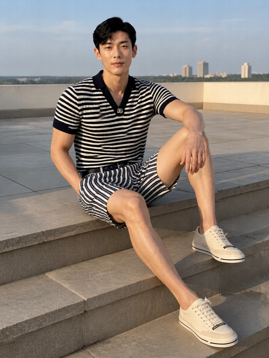 Dolce gabbana striped shorts navy knit polo outfit
