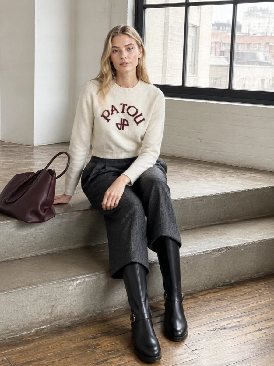 Patou’s ivory logo knit meets fluid charcoal check tailoring for a clean, modern take on preppy winter dressing. Sleek black knee-high boots keep the lines long and sharp. A structured burgundy tote quietly picks up the sweater’s logo tone for a considered, city-ready finish.