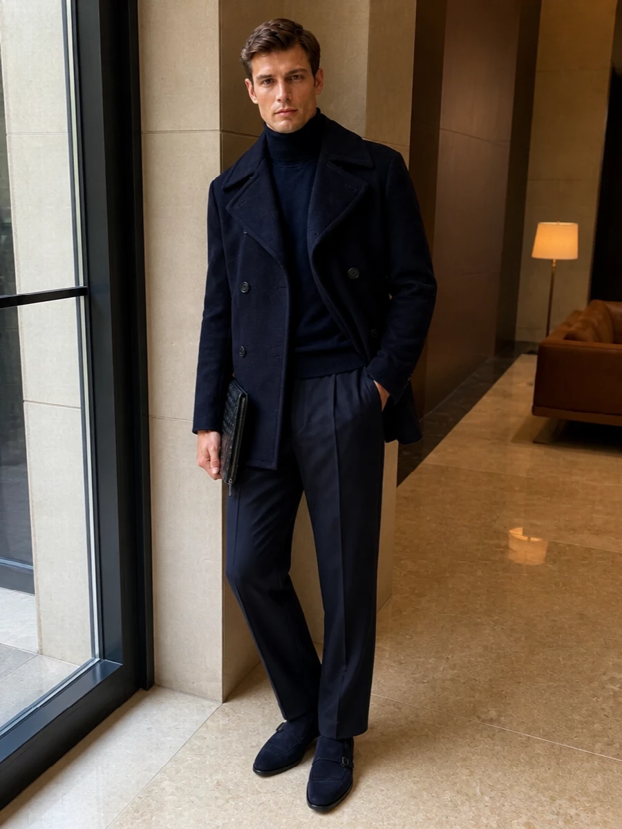 Etro navy peacoat turtleneck tailored trousers