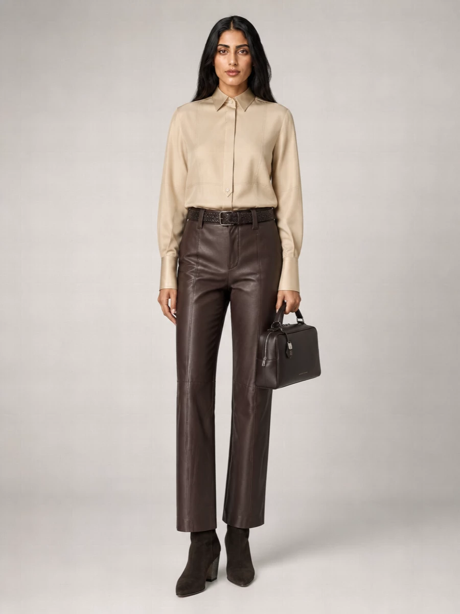 Brunello Cucinelli Leather Mid-Rise Paneled Straight-Leg Trousers
