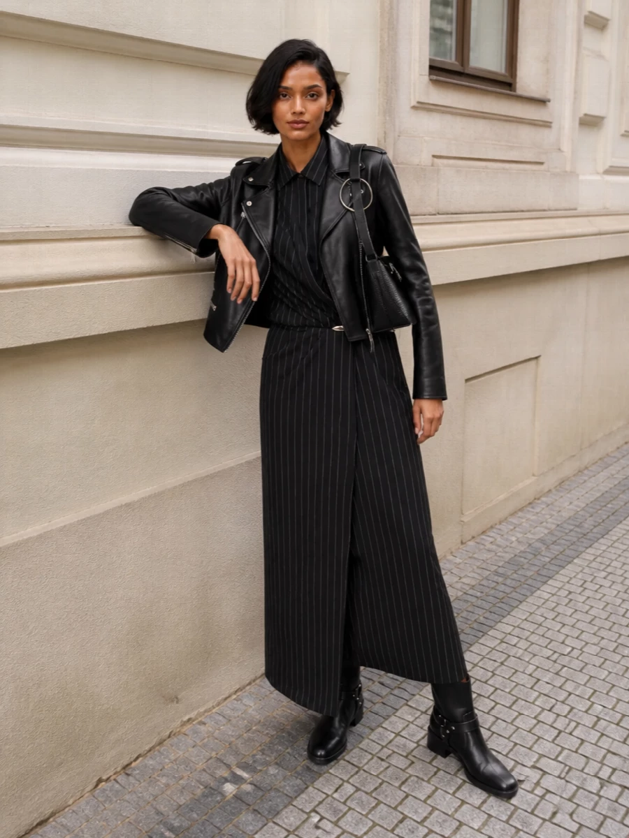 Dondup biker jacket pinstripe wrap dress outfit