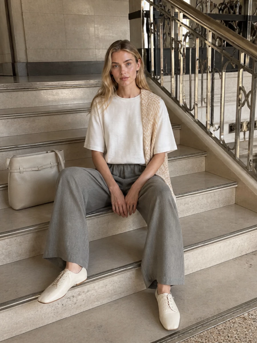 Loulou studio white tee grey wide leg trousers