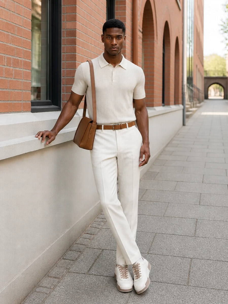 Soft neutrals keep this outfit calm and intentional, with the ribbed knit and ivory pleats reading relaxed yet precise. The clean sneaker and camel suede belt maintain a modern, minimal line, while the tan shoulder bag adds just enough structure for city days that stretch into dinner. It is quietly confident summer tailoring without feeling formal or forced.