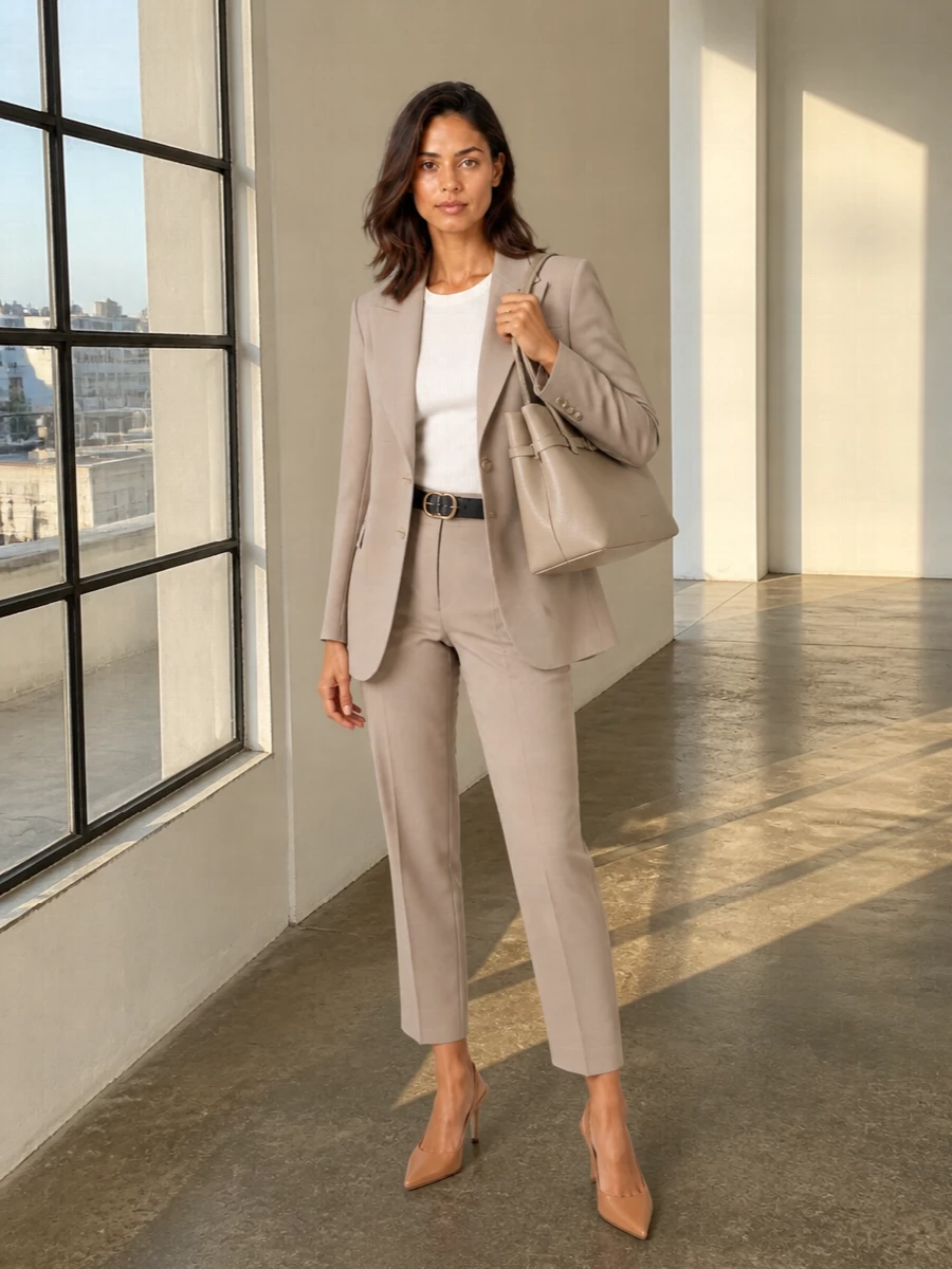 Pt torino taupe blazer tailored trousers outfit