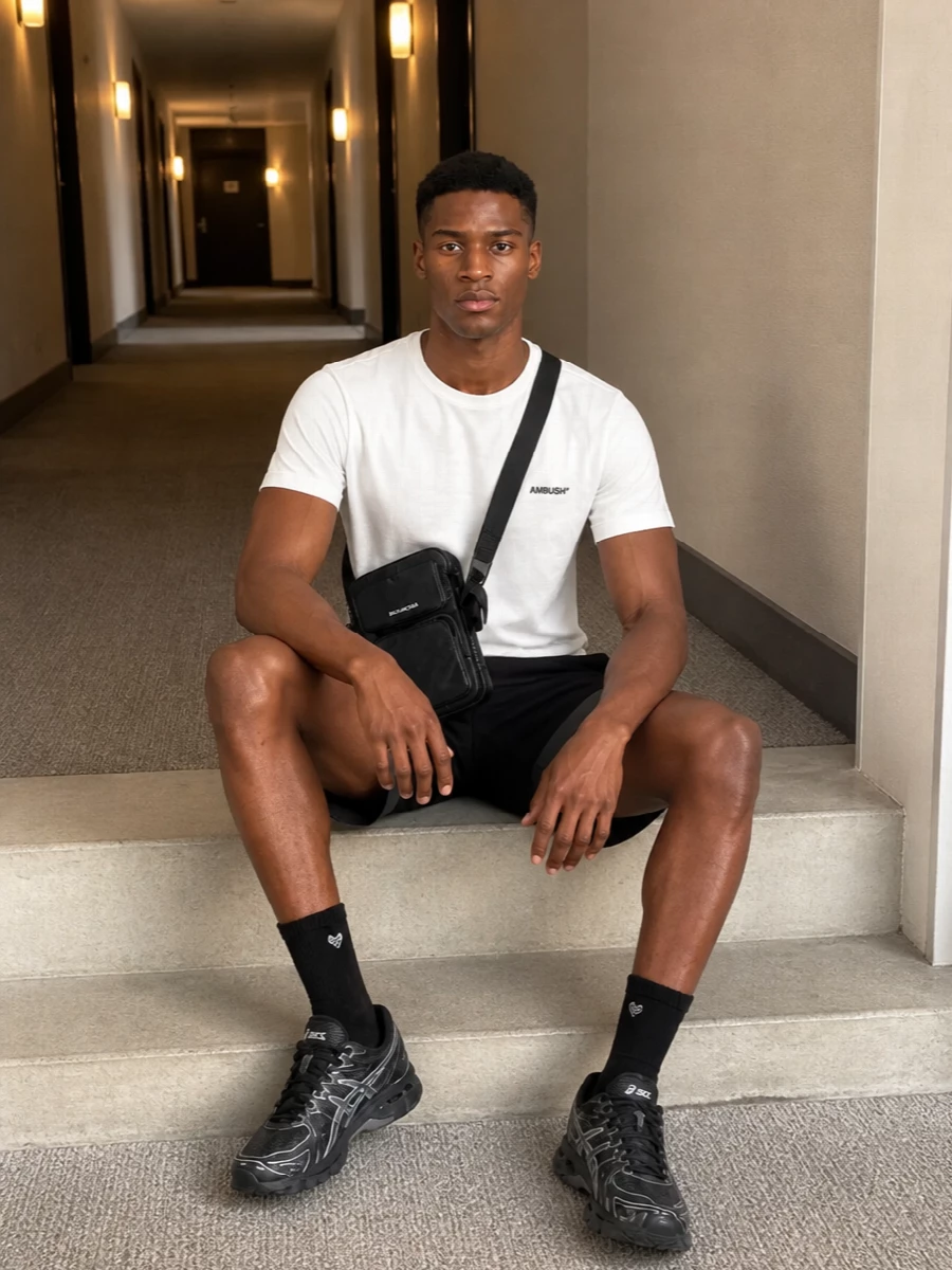 Ambush shorts white tee black sneakers outfit