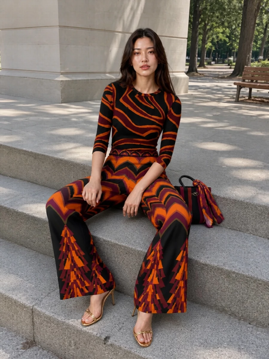 Pucci wide leg pants knit top heels outfit