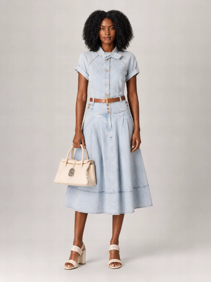 Zimmermann Denim Tie-Neck Short-Sleeve Shirt