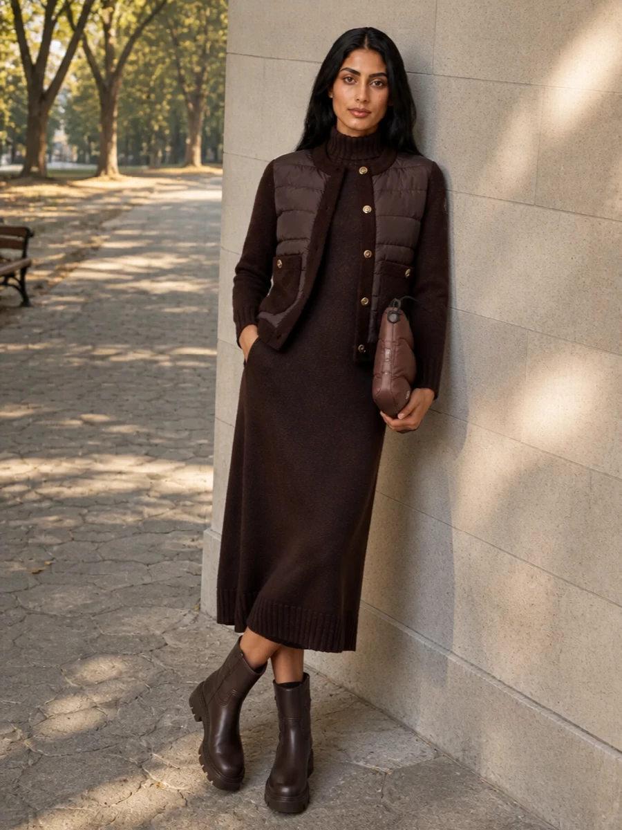 Moncler jacket max mara brown knit dress outfit