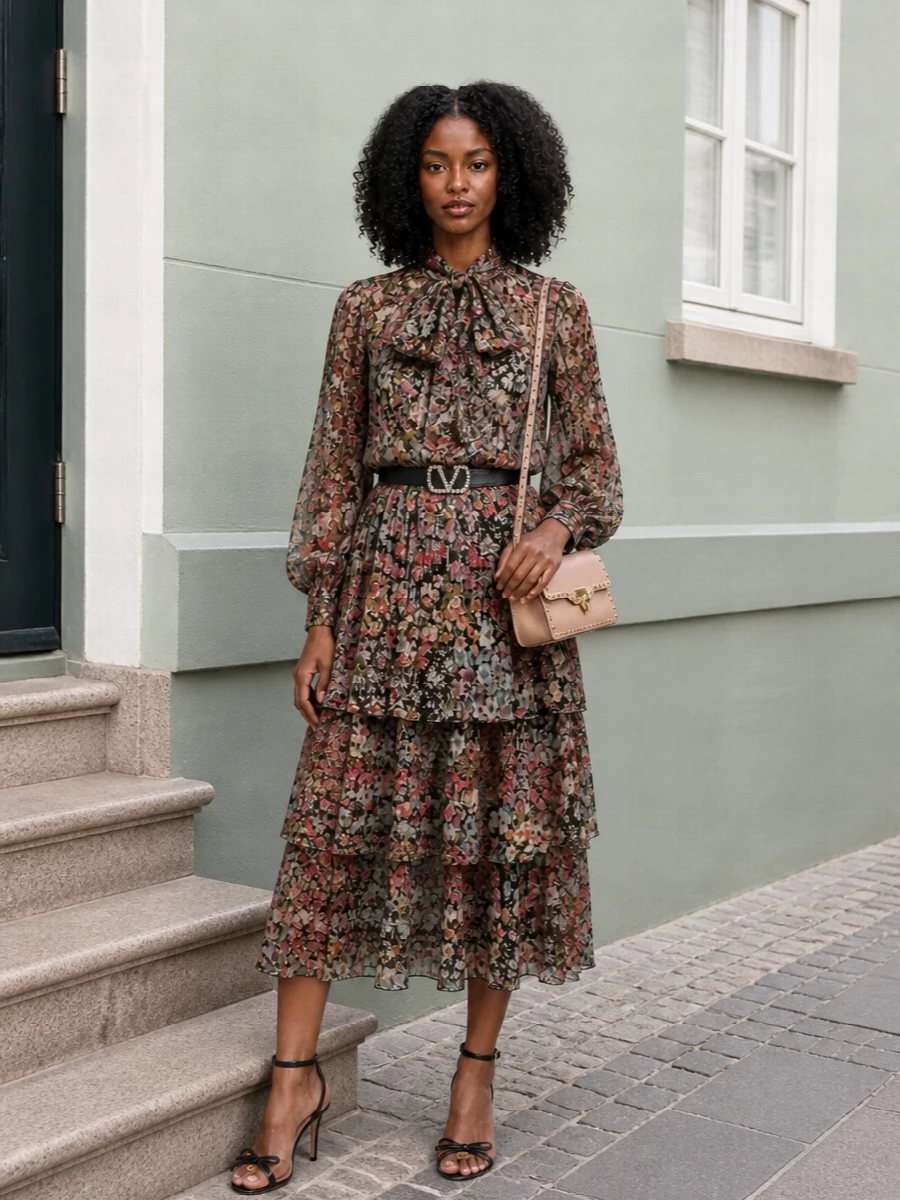 A head-to-toe Valentino floral pairing turns the tiered midi into a modern romantic set, the deep espresso blouse grounding all that movement with moody garden-at-dusk colour. Nude blush and black sandals plus a blush studded bag keep the palette soft yet sharp, echoing the skirt’s dark base while letting the florals stay centre stage. A slim crystal belt nips the waist just enough so the volume reads intentional and polished for summer evenings.