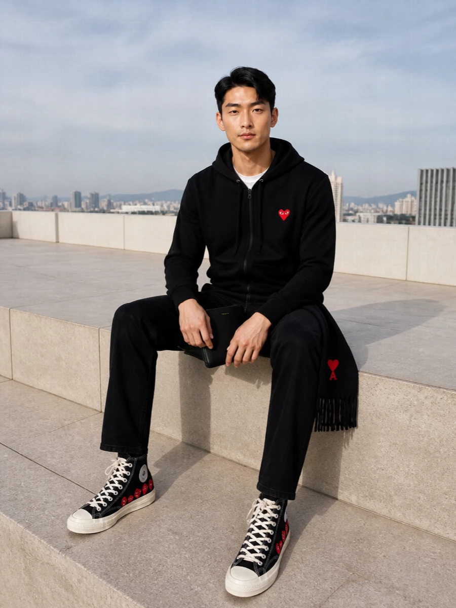 Comme des garcons hoodie black jeans hi tops