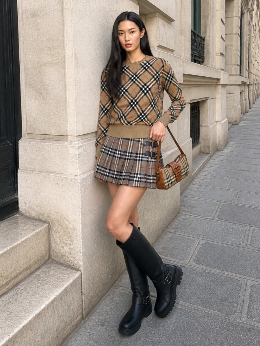 Burberry check mini skirt knee high boots outfit