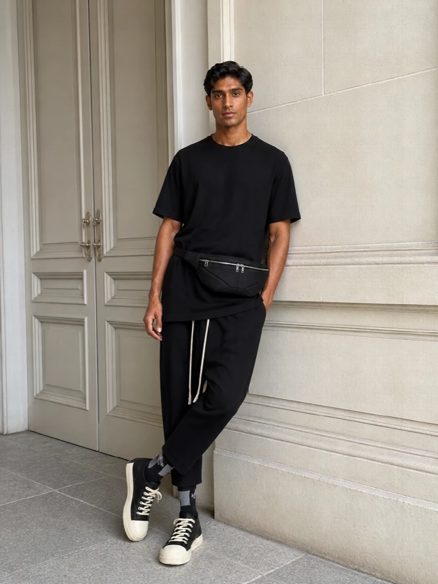 Rick owens black longline tee drop crotch outfit