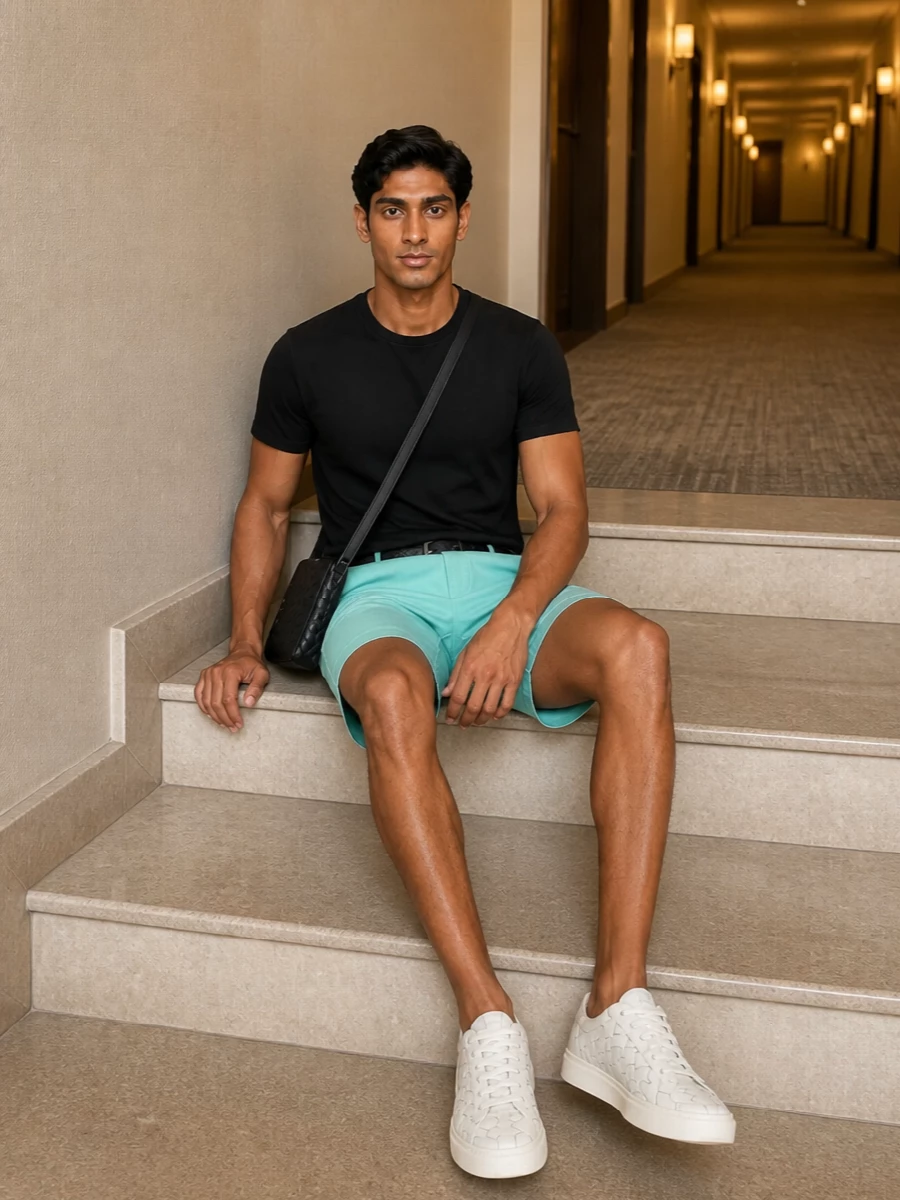 Bottega mint shorts black tee ivory sneakers