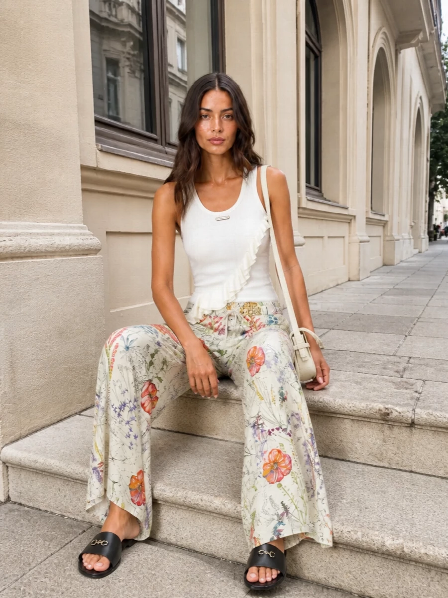 Mcqueen floral trousers ivory ruffle top
