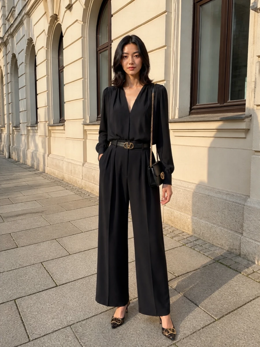 Valentino black blouse wide leg trousers outfit