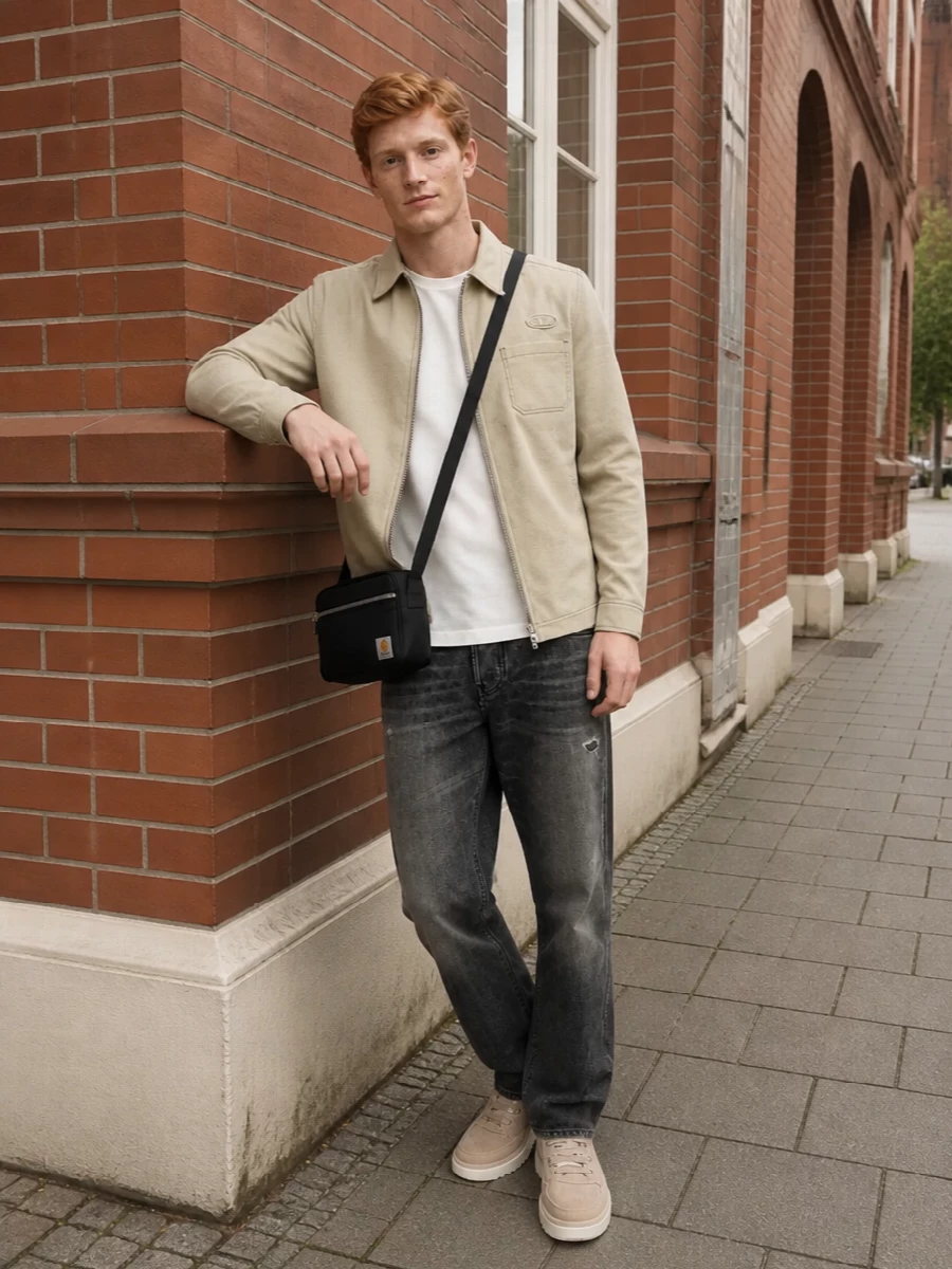 Diesel khaki shirt jacket charcoal jeans outfit